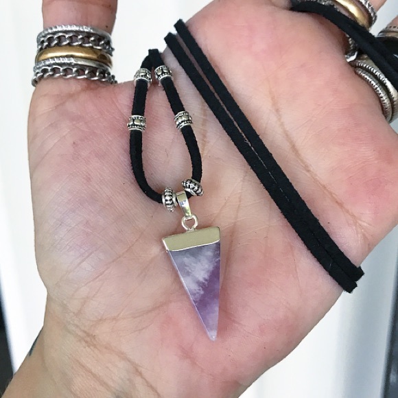 Amethyst triangle set choker necklace + earrings - Picture 4 of 8